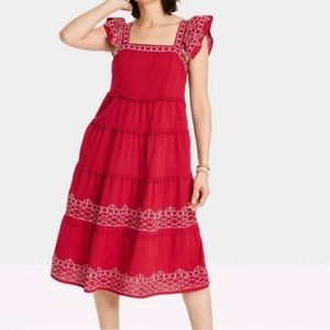 Knox Rose Ruffle Short Sleeve Embroidered Tiered A-Line Dress Safari Red